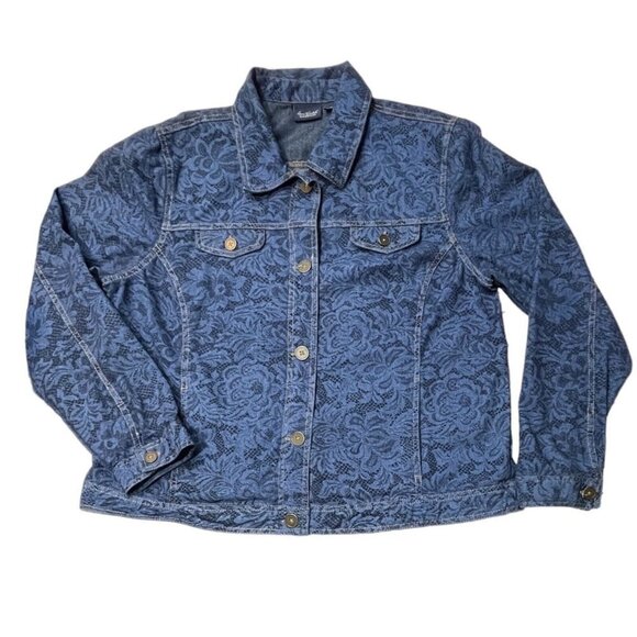GLORIA VANDERBILT CASUALS Lace Motif Jean Jacket Women's XL Blue Button Up - Picture 1 of 14